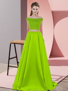 Noble Sweep Train Two Pieces Prom Dress Yellow Green Off The Shoulder Elastic Woven Satin Sleeveless Backless