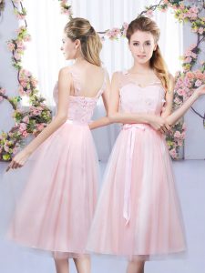 Baby Pink Sleeveless Tea Length Lace and Belt Lace Up Damas Dress