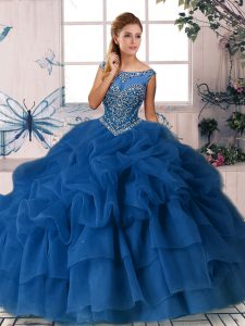 Brush Train Ball Gowns Vestidos de Quinceanera Royal Blue Scoop Organza Sleeveless Zipper