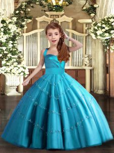 Baby Blue Lace Up Straps Beading Pageant Dress for Girls Tulle Sleeveless