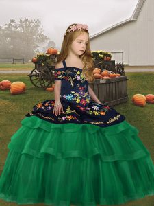 Green Tulle Lace Up Girls Pageant Dresses Sleeveless Floor Length Embroidery and Ruffled Layers