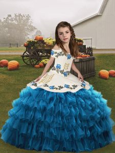 Discount Straps Sleeveless Child Pageant Dress Floor Length Embroidery and Ruffled Layers Blue Organza