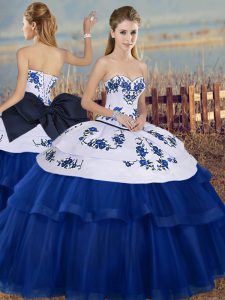 Royal Blue Sweetheart Neckline Embroidery and Bowknot Quince Ball Gowns Sleeveless Lace Up