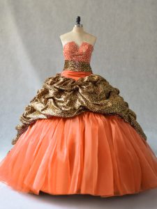Stunning Brush Train Ball Gowns Quinceanera Gown Orange V-neck Organza and Printed Sleeveless Lace Up