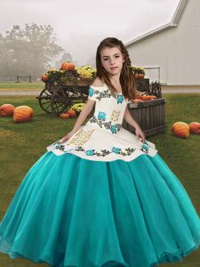 Stunning Organza Straps Sleeveless Lace Up Embroidery Little Girl Pageant Gowns in Aqua Blue