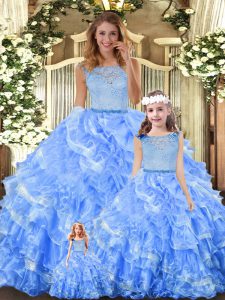 Light Blue Ball Gowns Organza Scoop Sleeveless Lace and Ruffled Layers Floor Length Zipper Sweet 16 Quinceanera Dress