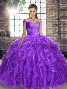 Superior Off The Shoulder Sleeveless 15 Quinceanera Dress Brush Train Beading and Ruffles Lavender Organza