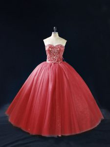 Red Ball Gowns Tulle Sweetheart Sleeveless Beading Lace Up 15th Birthday Dress