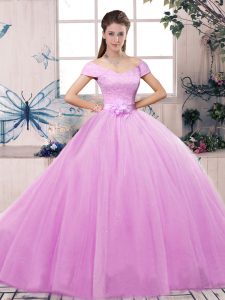 Custom Designed Lilac Ball Gowns Off The Shoulder Short Sleeves Tulle Floor Length Lace Up Lace and Hand Made Flower Vestidos de Quinceanera