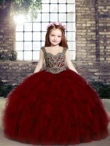 Red Little Girl Pageant Gowns Party and Military Ball and Wedding Party with Beading and Ruffles Straps Sleeveless Lace Up