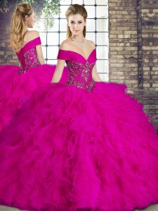 Glamorous Fuchsia Ball Gowns Tulle Off The Shoulder Sleeveless Beading and Ruffles Floor Length Lace Up Ball Gown Prom Dress