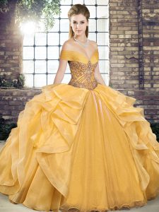 Gold Ball Gowns Organza Off The Shoulder Sleeveless Beading and Ruffles Floor Length Lace Up Ball Gown Prom Dress