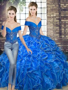 Colorful Two Pieces Quinceanera Gowns Royal Blue Off The Shoulder Organza Sleeveless Floor Length Lace Up