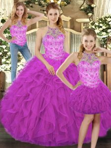 Fuchsia Tulle Lace Up 15 Quinceanera Dress Sleeveless Floor Length Beading and Ruffles