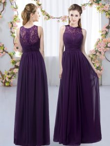 Dark Purple Chiffon Zipper Vestidos de Damas Sleeveless Floor Length Lace