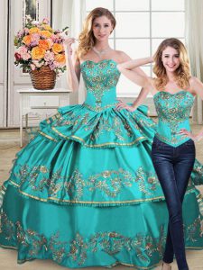 Sophisticated Organza Sweetheart Sleeveless Lace Up Embroidery and Ruffled Layers Quinceanera Dresses in Aqua Blue