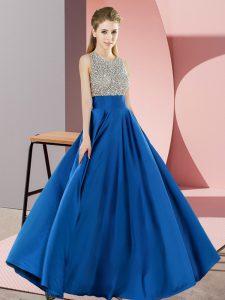 Deluxe Scoop Sleeveless Backless Runway Inspired Dress Blue Elastic Woven Satin