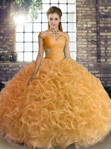 Floor Length Lace Up Quinceanera Dress Gold for Military Ball and Sweet 16 and Quinceanera with Beading
