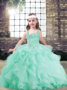 Beauteous Floor Length Apple Green Girls Pageant Dresses Straps Sleeveless Lace Up
