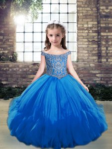 Fantastic Blue Off The Shoulder Lace Up Beading Pageant Gowns For Girls Sleeveless