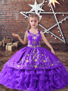 Enchanting Lavender Sleeveless Floor Length Embroidery and Ruffled Layers Lace Up Little Girl Pageant Gowns