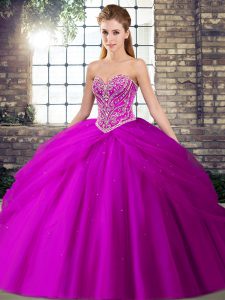 Fuchsia Ball Gowns Beading and Pick Ups 15th Birthday Dress Lace Up Tulle Sleeveless