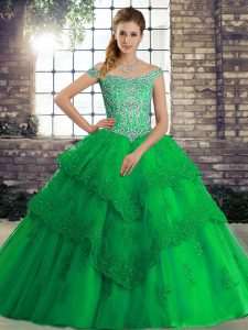 Green Tulle Lace Up Quince Ball Gowns Sleeveless Brush Train Beading and Lace