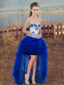 Fantastic Royal Blue Sleeveless High Low Embroidery and Ruffles Lace Up Prom Gown