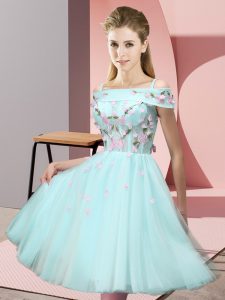 Charming Short Sleeves Lace Up Knee Length Appliques Bridesmaid Dresses