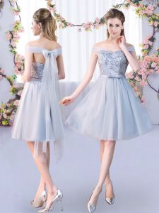 Charming Lace and Belt Wedding Guest Dresses Grey Lace Up Sleeveless Knee Length