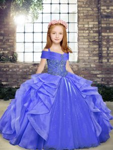 Lovely Blue Lace Up Pageant Gowns For Girls Beading and Ruffles Sleeveless Floor Length