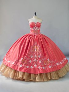 Superior Watermelon Red Sleeveless Satin and Organza Lace Up Sweet 16 Dresses for Sweet 16 and Quinceanera