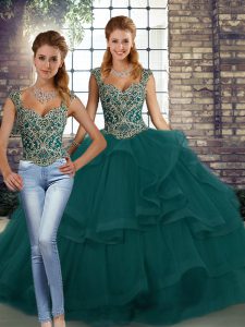 Peacock Green Straps Neckline Beading and Ruffles Quinceanera Gown Sleeveless Lace Up