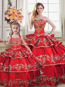 Most Popular Red Quinceanera Dress Sweet 16 and Quinceanera with Embroidery and Ruffled Layers Sweetheart Sleeveless Lace Up