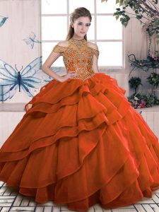 Orange Ball Gowns Organza High-neck Sleeveless Beading and Ruffled Layers Floor Length Lace Up Quinceanera Gowns