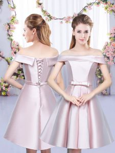 Sumptuous Baby Pink Quinceanera Dama Dress Wedding Party with Bowknot Off The Shoulder Sleeveless Lace Up