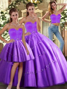 Purple Sleeveless Floor Length Beading Lace Up Quince Ball Gowns
