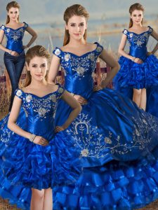 Royal Blue Sleeveless Embroidery and Ruffled Layers Floor Length Quinceanera Gown