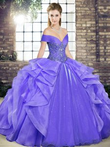 Inexpensive Lavender Ball Gowns Beading and Ruffles Quinceanera Dress Lace Up Organza Sleeveless Floor Length