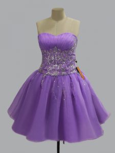 Affordable Lavender Organza Lace Up Club Wear Sleeveless Mini Length Beading