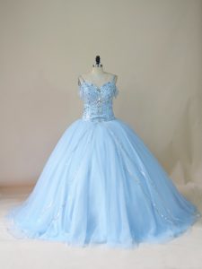 Graceful Beading Quinceanera Gown Light Blue Lace Up Sleeveless Brush Train