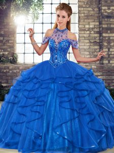 Royal Blue Quinceanera Dress Military Ball and Sweet 16 and Quinceanera with Beading and Ruffles Halter Top Sleeveless Lace Up