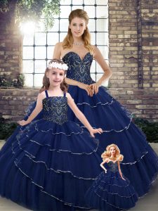 Navy Blue Tulle Lace Up Sweetheart Sleeveless Ball Gown Prom Dress Brush Train Beading and Ruffled Layers