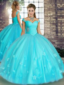 Off The Shoulder Sleeveless Tulle Ball Gown Prom Dress Beading and Appliques Lace Up