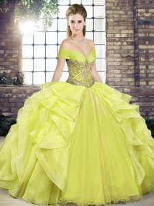 Glittering Floor Length Yellow 15 Quinceanera Dress Organza Sleeveless Beading and Ruffles