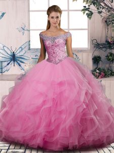 Modest Off The Shoulder Sleeveless Tulle Quinceanera Dress Beading and Ruffles Lace Up