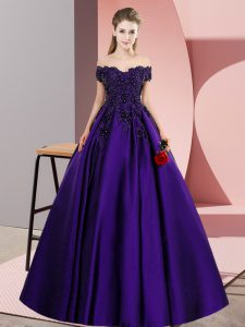Sleeveless Satin Floor Length Zipper Vestidos de Quinceanera in Purple with Lace