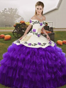 Sweet White And Purple Off The Shoulder Lace Up Embroidery and Ruffled Layers Quince Ball Gowns Sleeveless