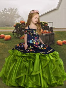 Superior Ball Gowns Little Girls Pageant Gowns Olive Green Straps Organza Sleeveless Floor Length Lace Up