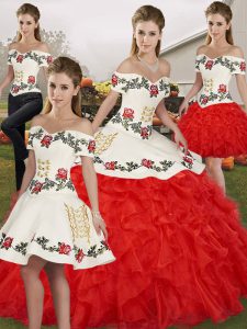 Noble White And Red Off The Shoulder Lace Up Embroidery and Ruffles 15 Quinceanera Dress Sleeveless